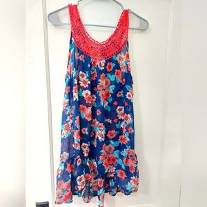 Bright Floral Sheer Tank w Crocheted Neckline & Ruffled Hem. Forever 21. Size L